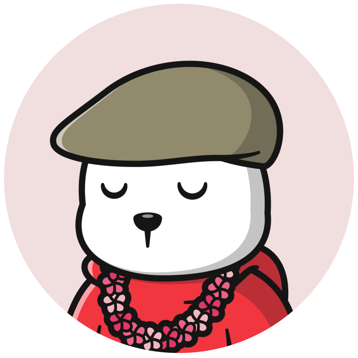 An image of a sleepy Winter Bear NFT. Has a brown flat cap, a red hoodie, a pink flower necklace.