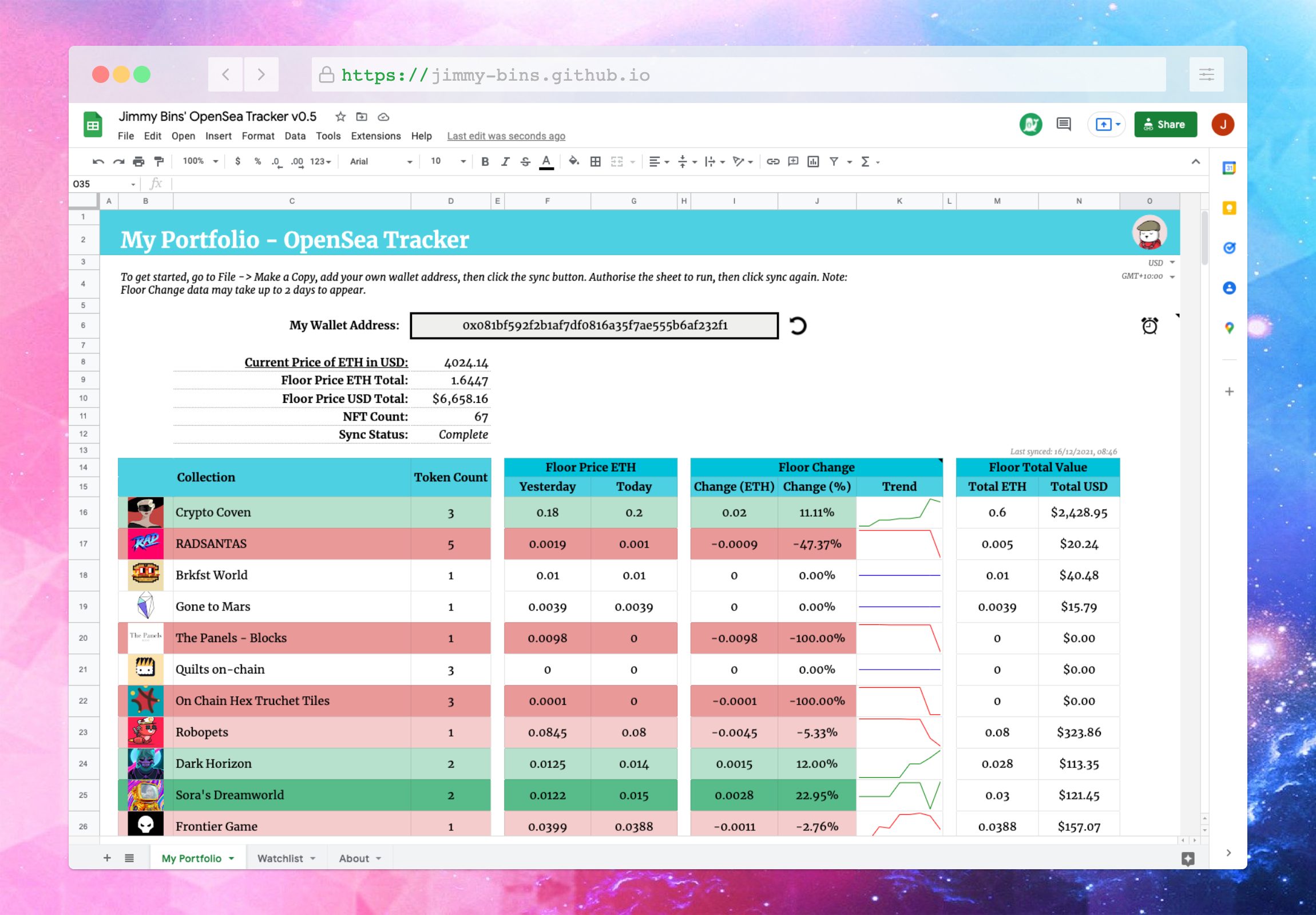 A screenshot of the OpenSea Portfolio Google Sheet, showing how the spreadsheet is laid out.